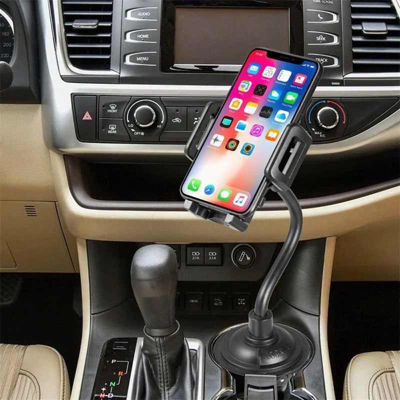 Black car phone mount bracket with adjustable side handles, suction cup, and vent clip