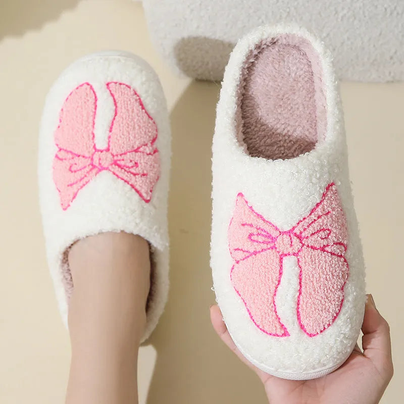 Cartoon bow knot cotton slippers with suede upper and TPR sole in pink and blue colour options