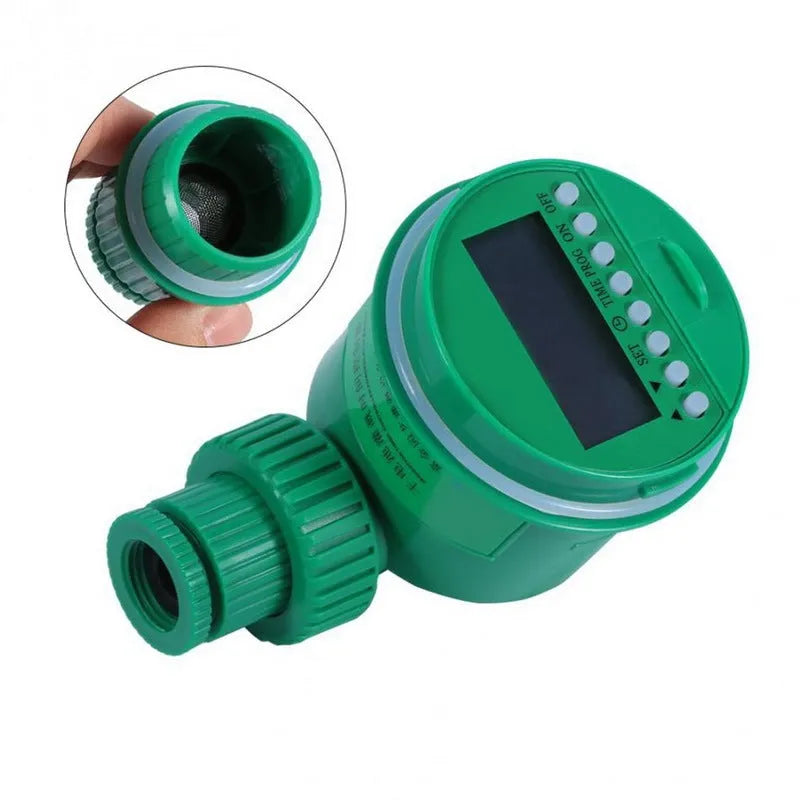 Green automatic watering timer device for drip irrigation systems with household water flow compatibility