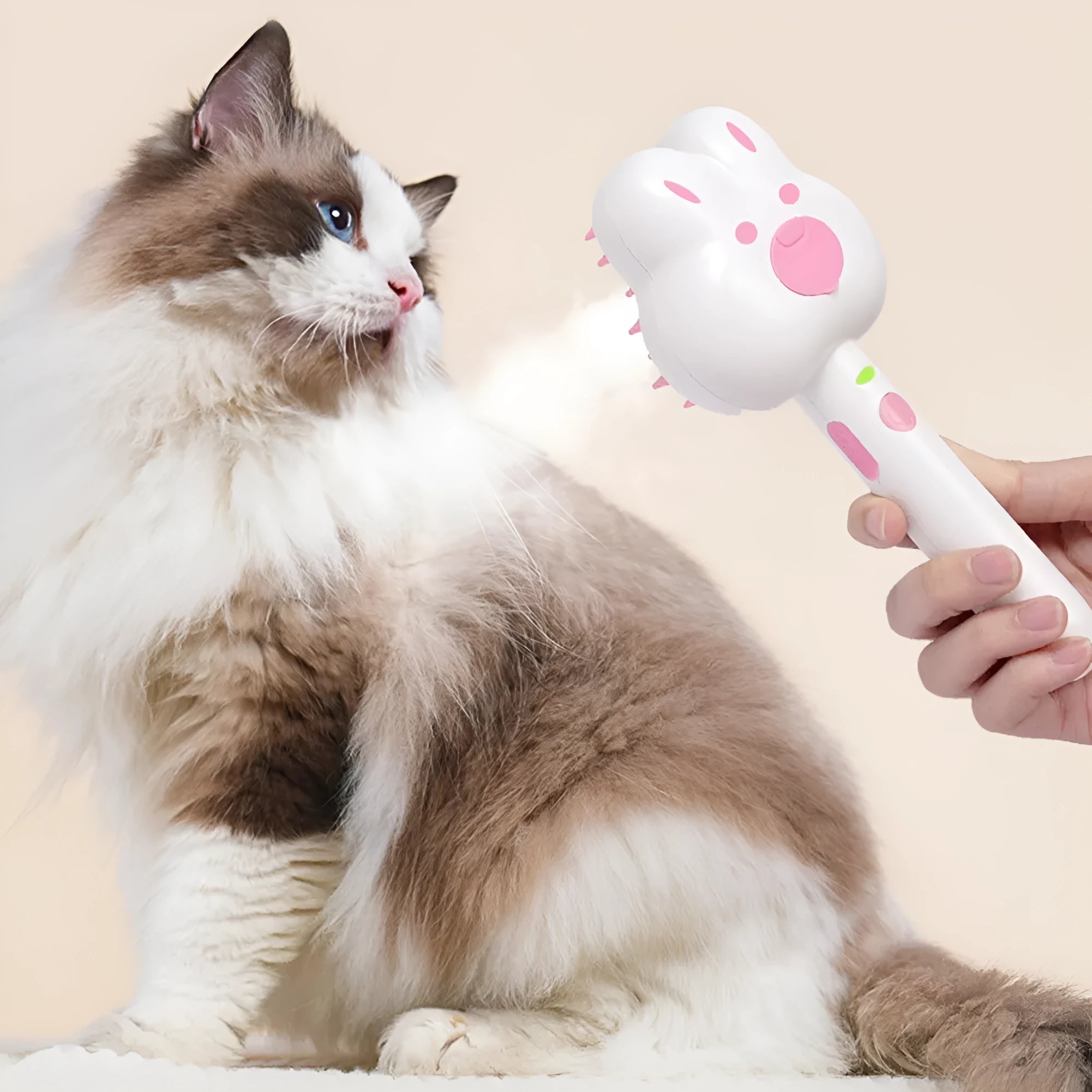 Rechargeable pet steam brush comb in green, pink, or white with a long handle.