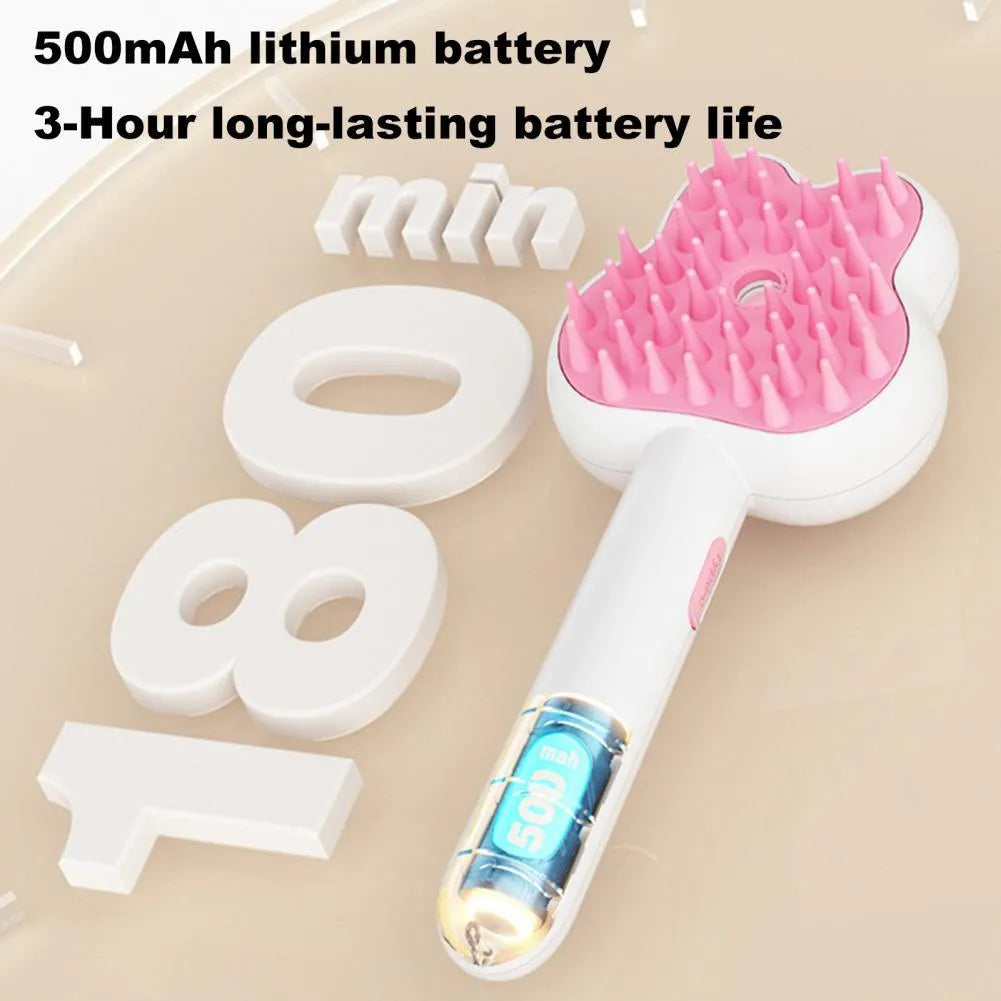 Rechargeable pet steam brush comb in green, pink, or white with a long handle.