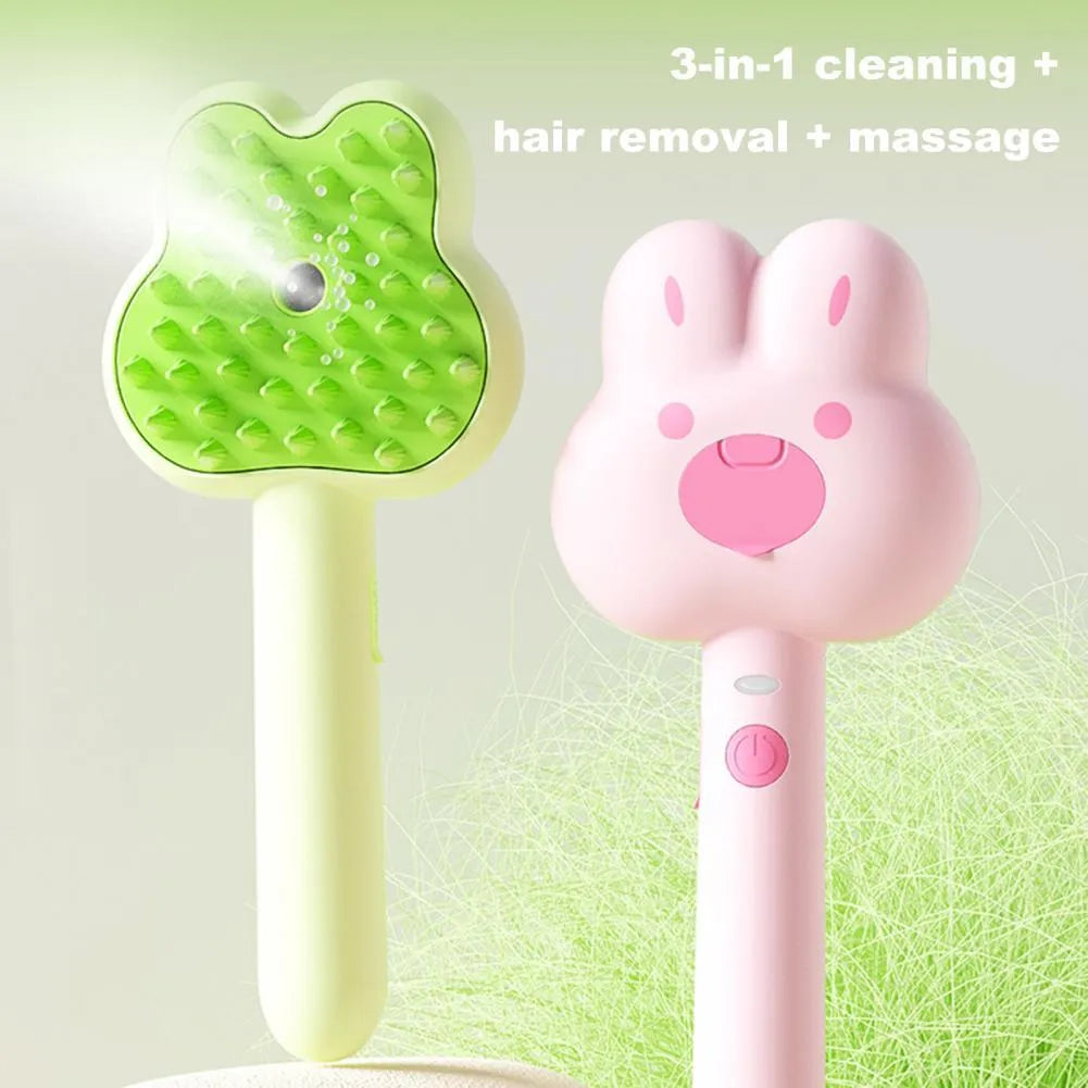 Rechargeable pet steam brush comb in green, pink, or white with a long handle.