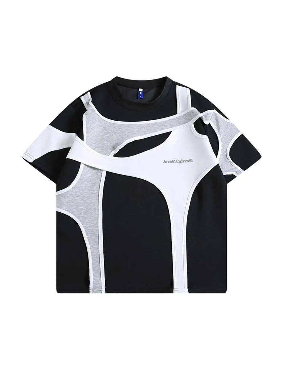 Men's black loose-fit T-shirt with double stitching and padded shoulders on hanger