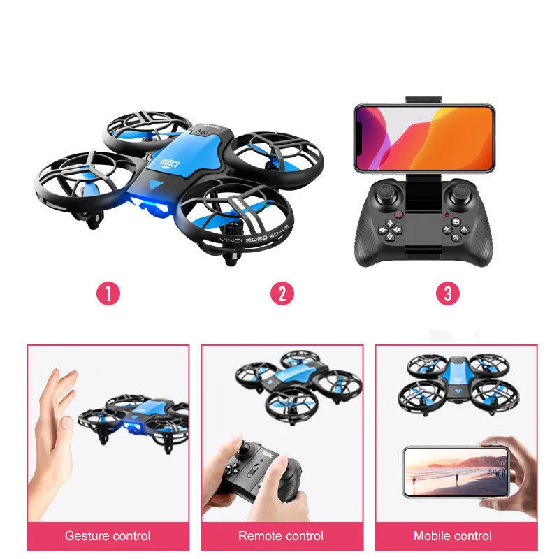 Blue V8 mini RC quadcopter drone with camera, remote control, and modular battery