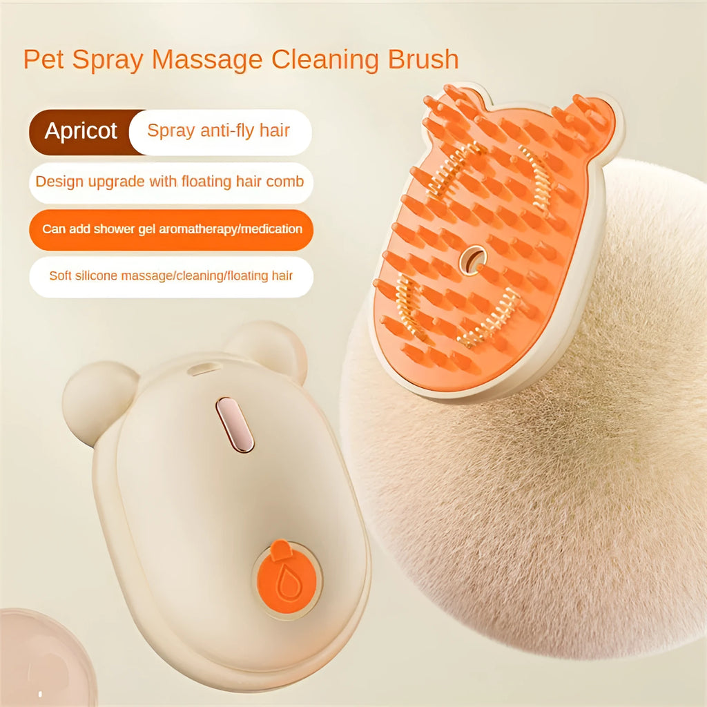 Rechargeable pet grooming brush with steam spray function in pink or yellow colour options