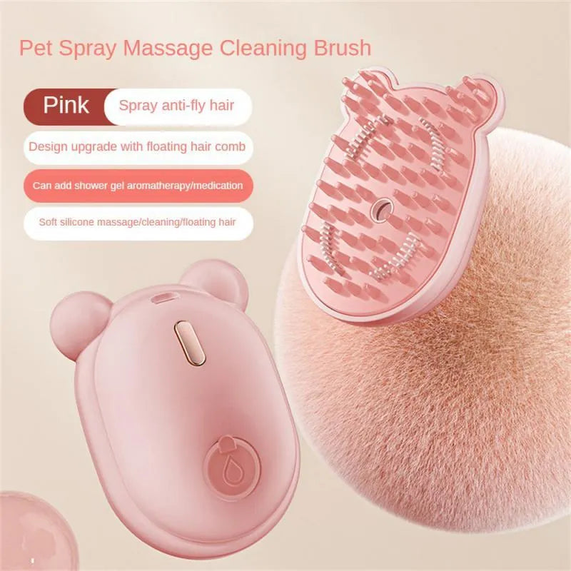 Rechargeable pet grooming brush with steam spray function in pink or yellow colour options
