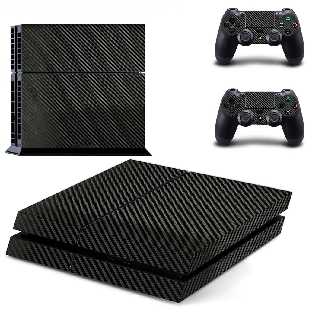 PS4 console covered in a black carbon fibre texture skin sticker with visible ventilation grooves.