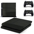 PS4 console covered in a black carbon fibre texture skin sticker with visible ventilation grooves.