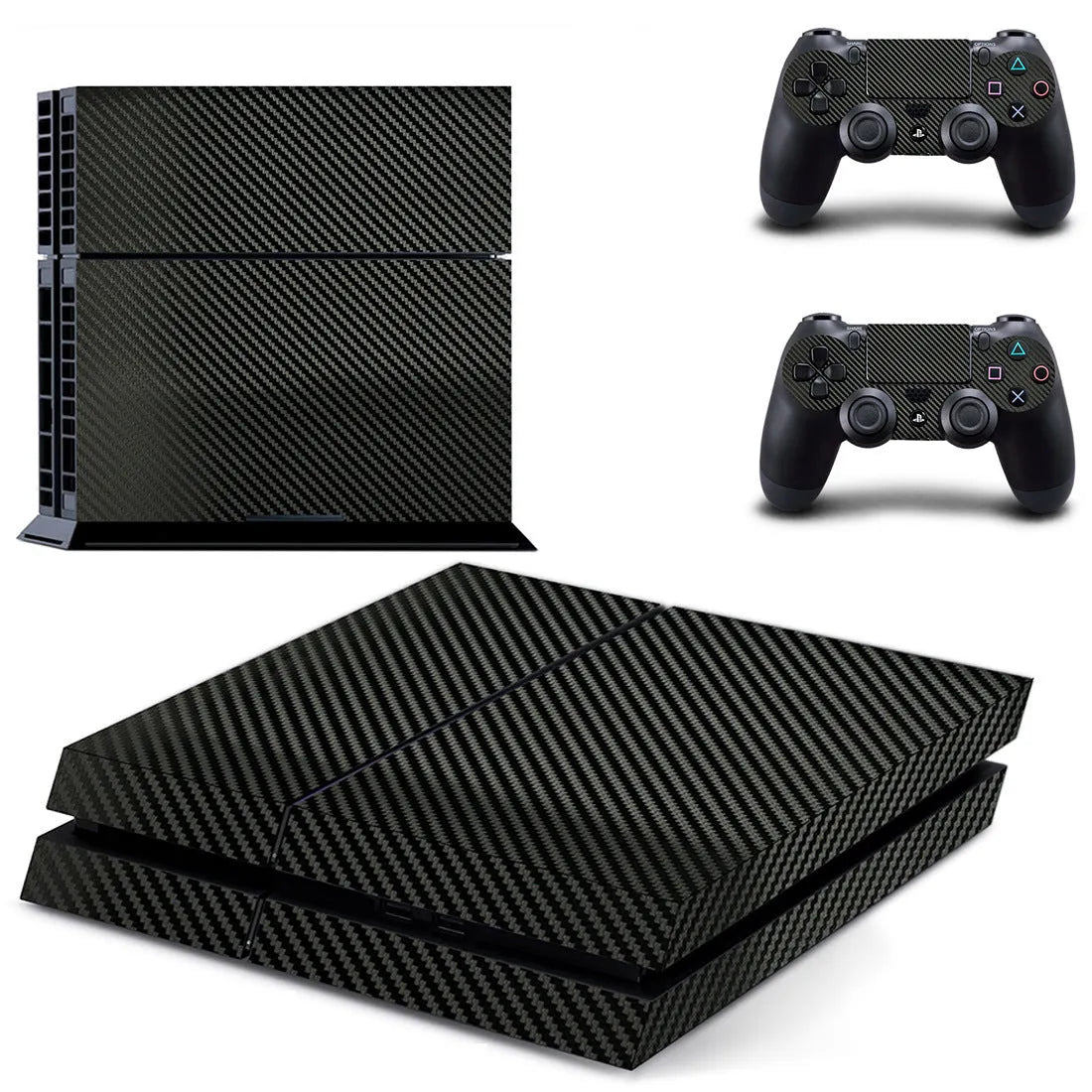 PS4 console covered in a black carbon fibre texture skin sticker with visible ventilation grooves.