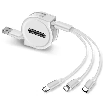 3-in-1 telescopic charging cable with TPE-coated 120cm wire and titanium alloy connectors in multiple colour options