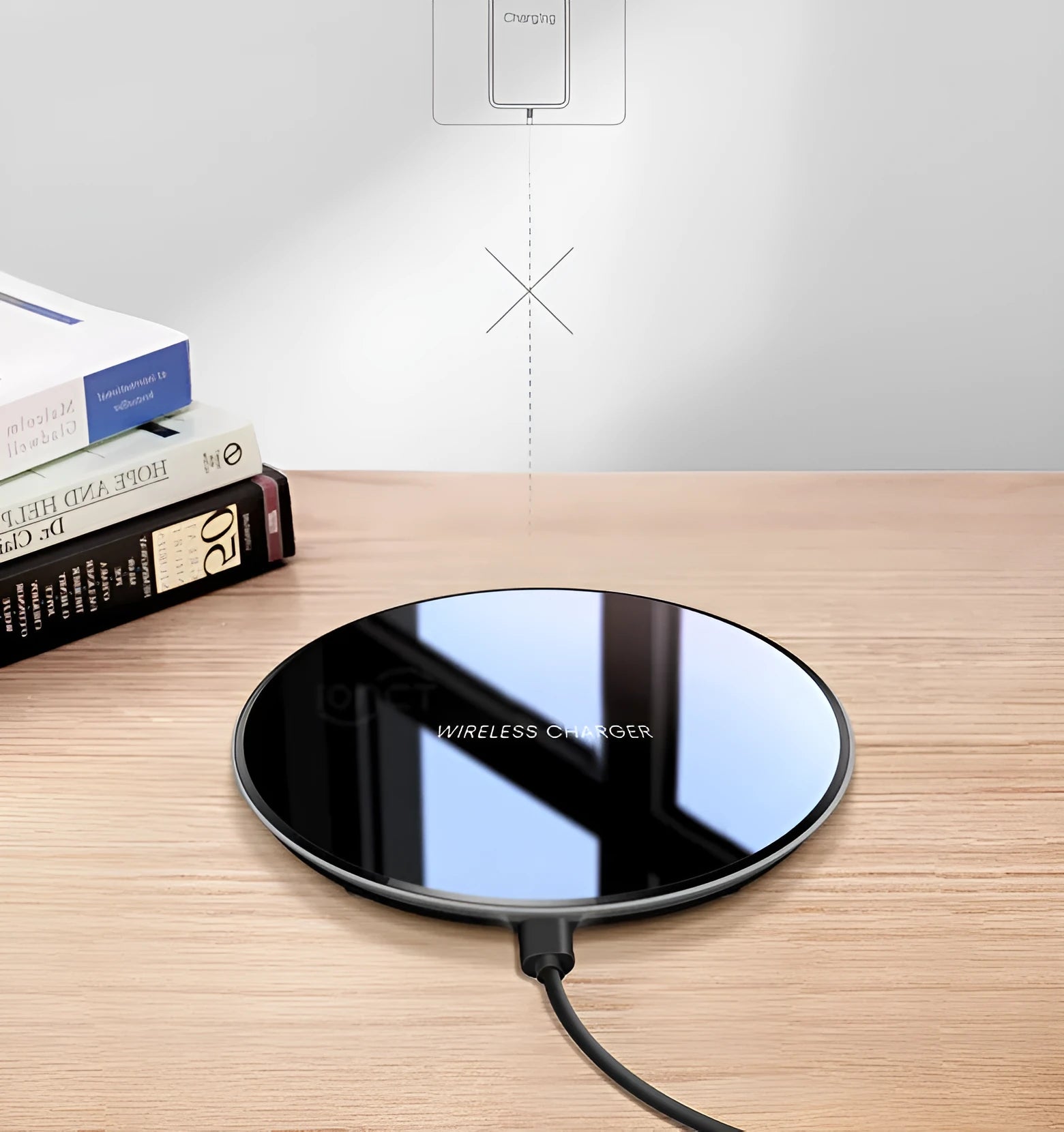 Black 15W QI wireless charger with foreign object detection for charging through phone cases