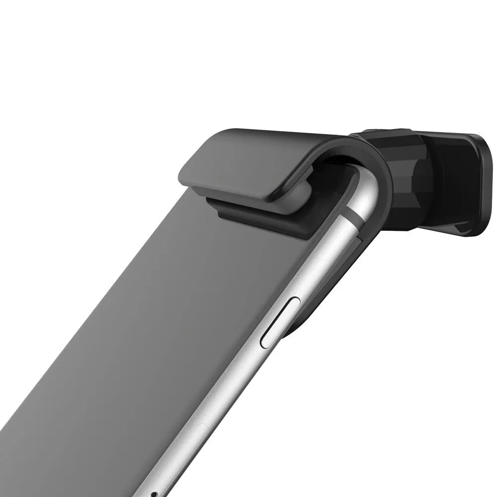 Black car phone holder showing 360-degree rotation mechanism and adhesive mounting base