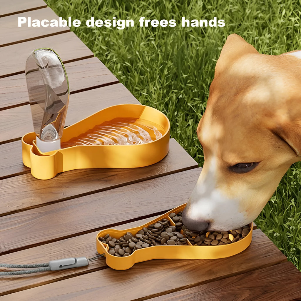 Orange and white portable pet water bottle with attached food container for dogs and cats