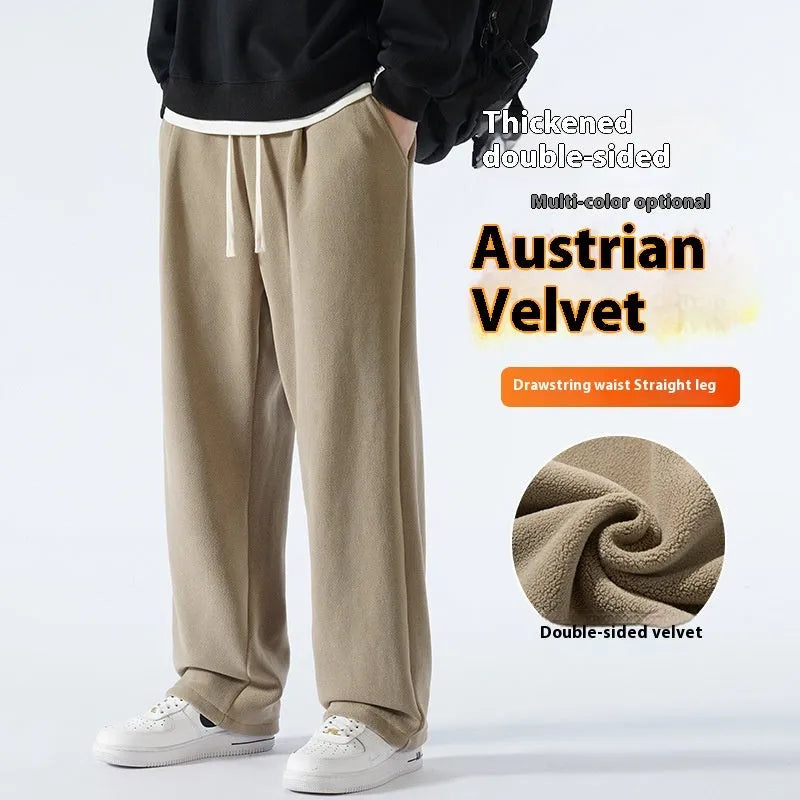 Men's double-sided polar fleece-lined winter trousers with drawstring waist in apricot, black, or dark grey