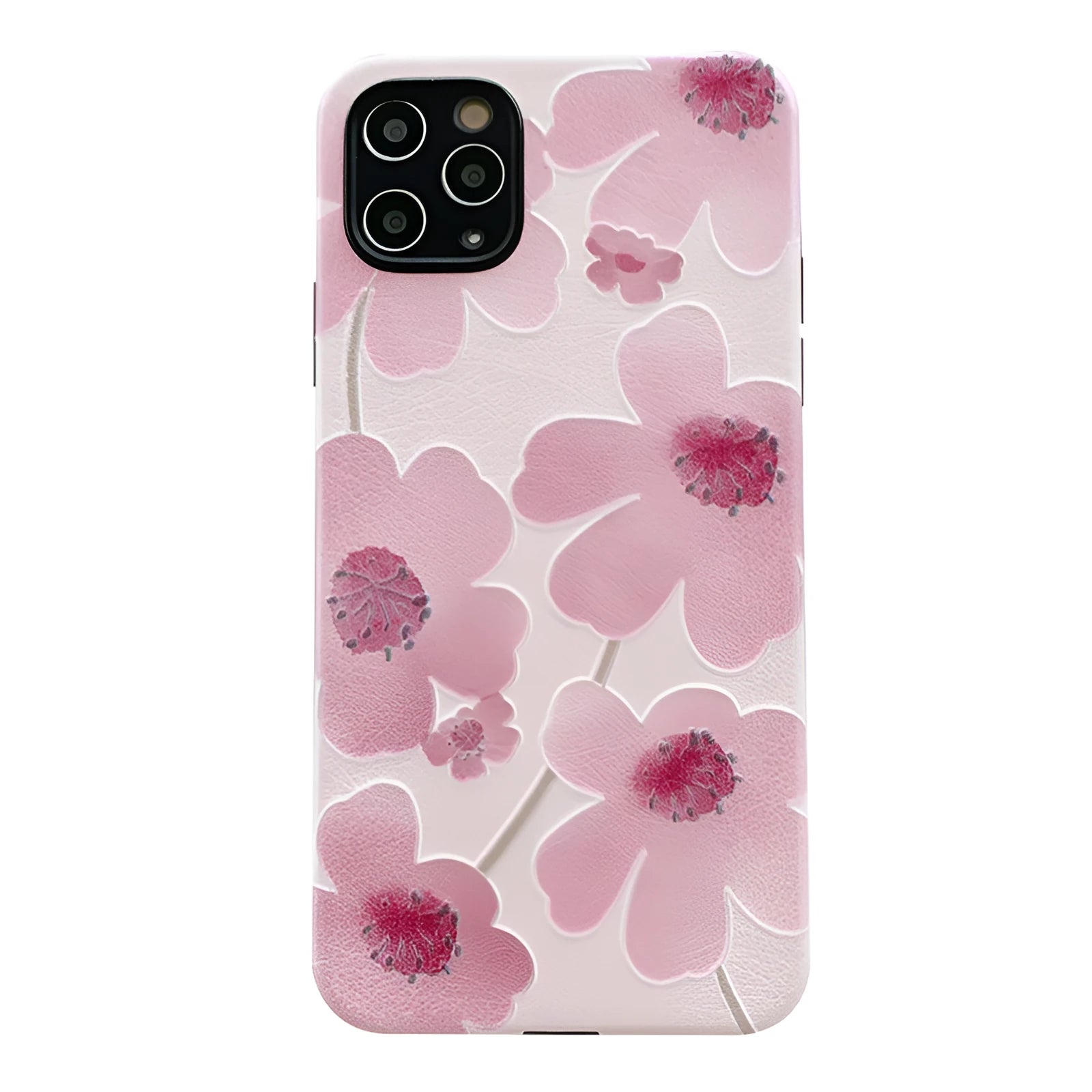 Pink soft rubber flower phone case for iPhone models on a flat surface, showing lanyard hole.