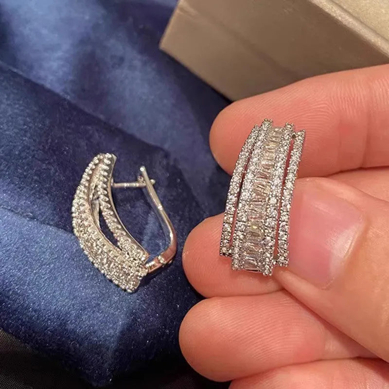 White gold colour geometric stud earrings with zircon inlaid design for women