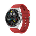 Black Bluetooth smartwatch showing heart rate monitoring on 1.28-inch screen with silicone strap