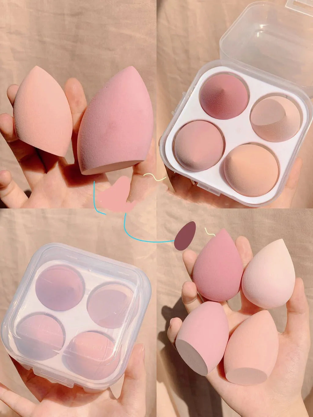 Four makeup egg sponges in grape, mango, mint, and peach colours, each 6cm in size