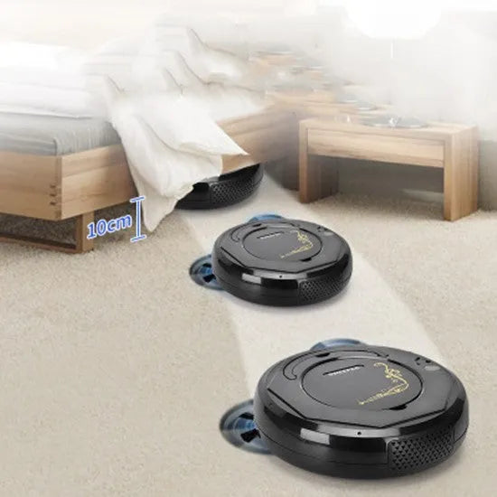 Lazy Smart Vacuum Cleaner floor sweeping robot in blue, black, or white colours with charging cable and accessories