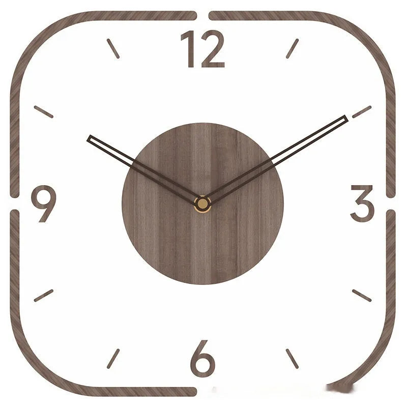 Modern square wooden wall clock with transparent frame on a wall.