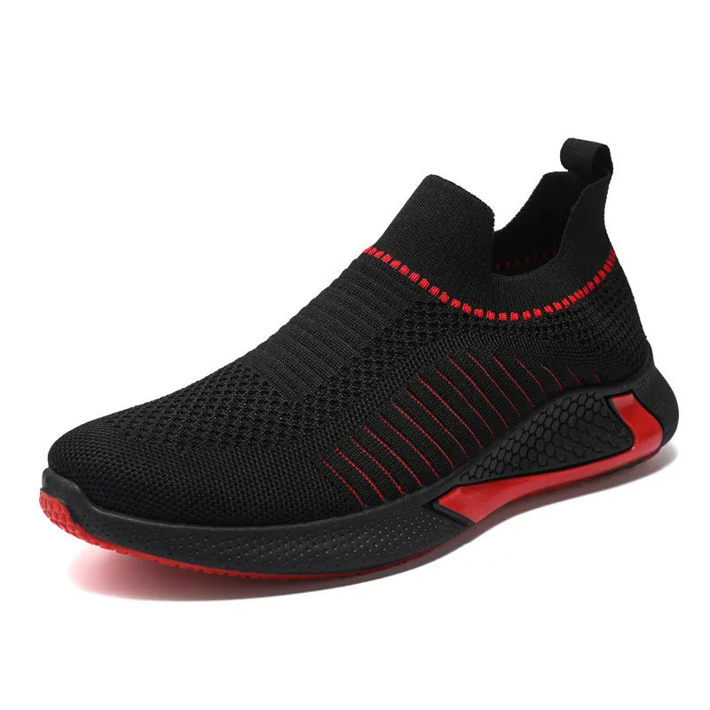 Men's mesh sock shoes with striped design, Flyknit upper, and plastic sole in black-white colour, size 42