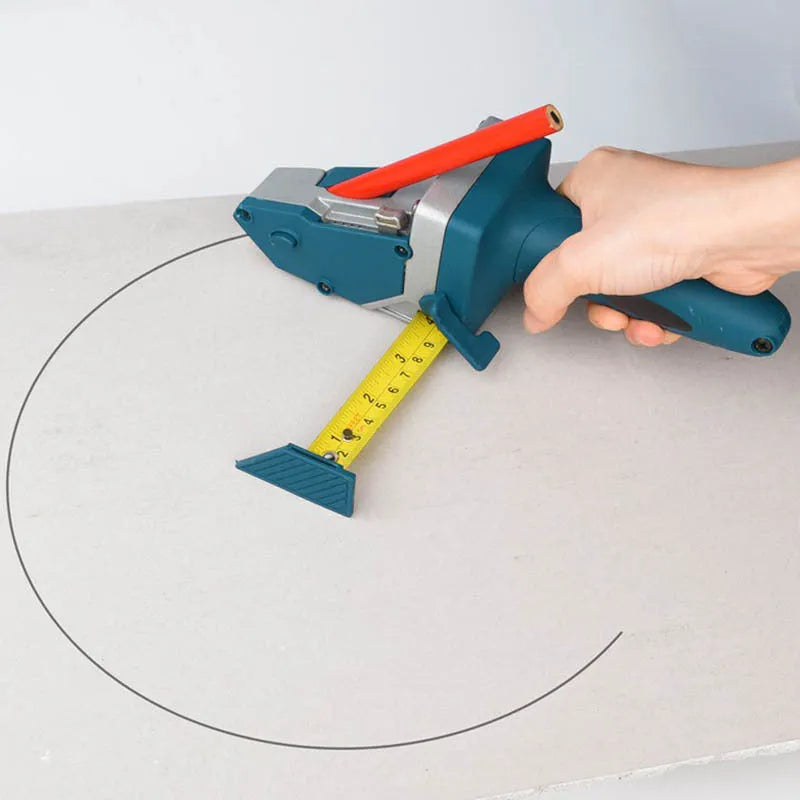Blue aluminium woodworking cutter with one-press lock button and integrated tape measure for precise cutting