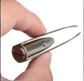Stainless steel LED beauty tweezers with on/off button and measuring 8.5cm in length.