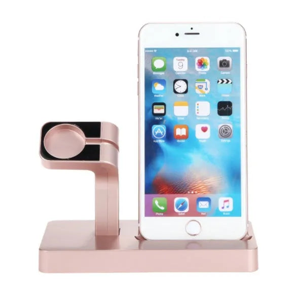 White 2-in-1 charging dock station for iPhone and Apple Watch on a desk