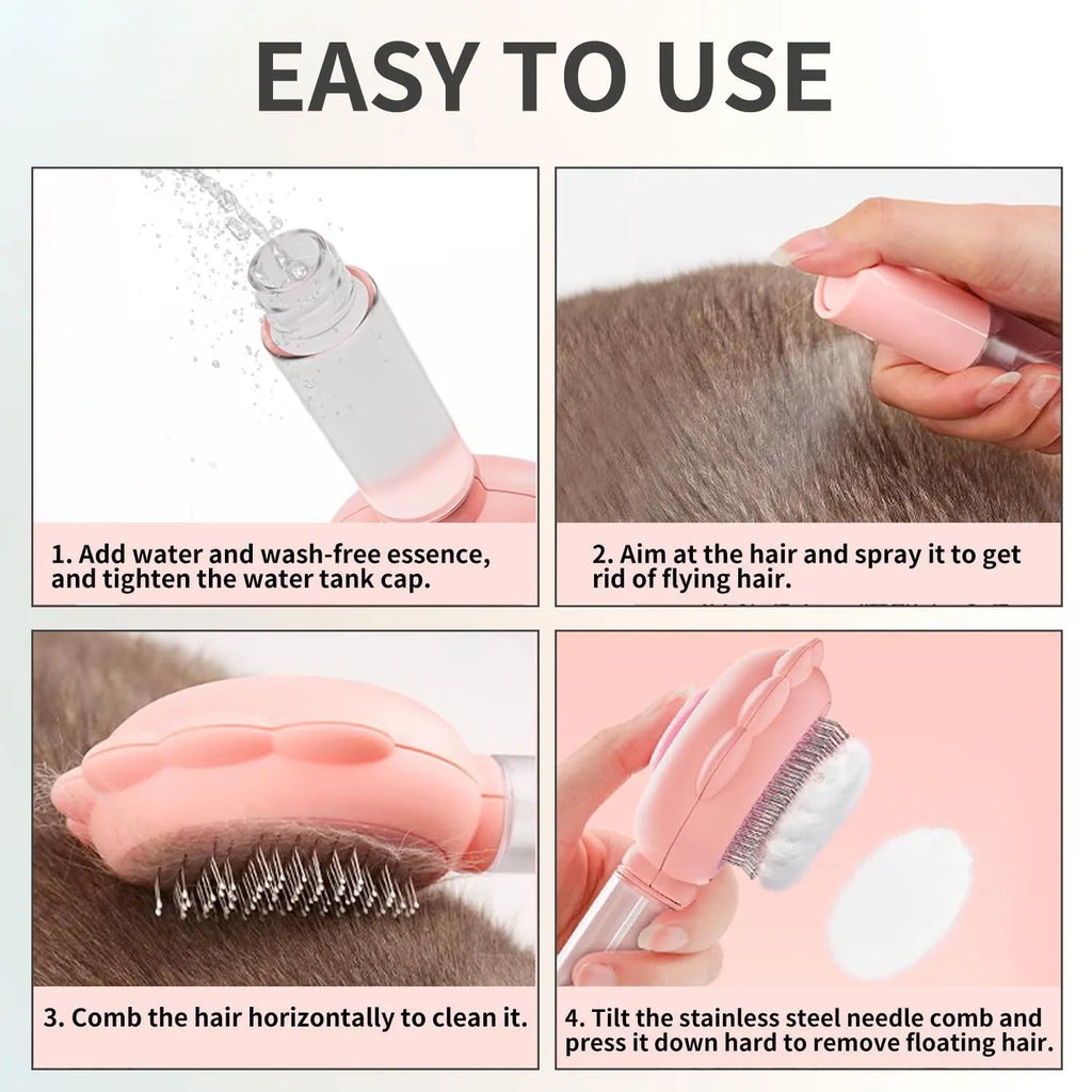 Spray cat brush with grey handle, curved metal pins, and release button for pet grooming and hair removal