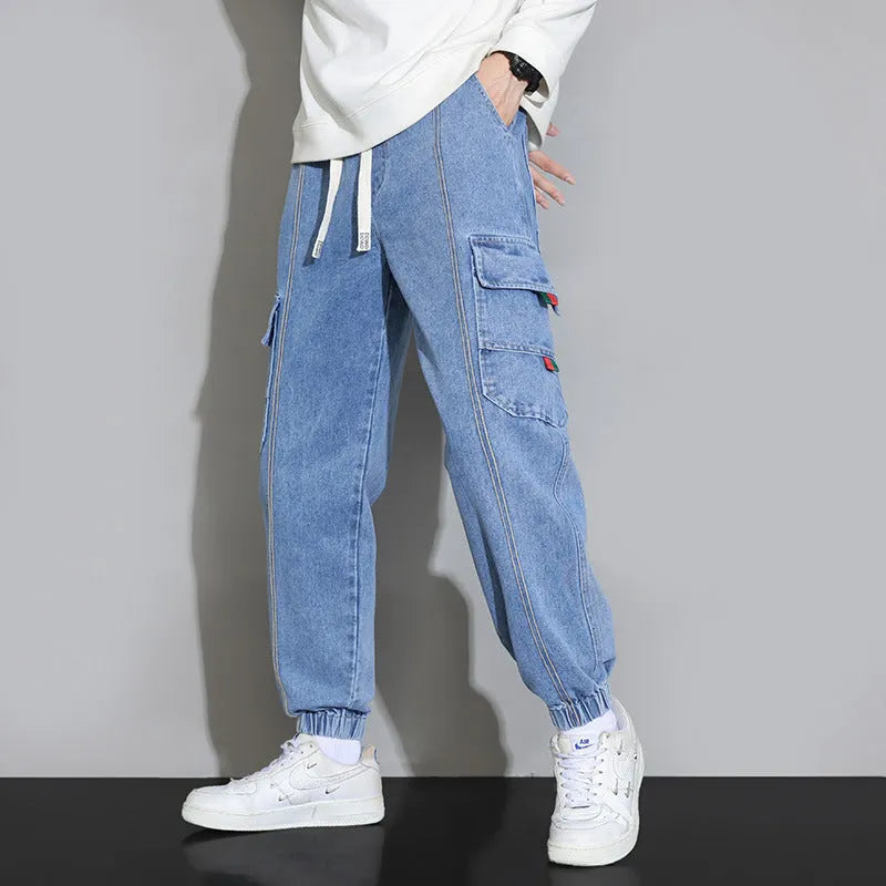 Men's retro workwear jeans in grey, black, blue, or retro colour, loose fit cotton trousers with zip fly, sizes M to 4XL.