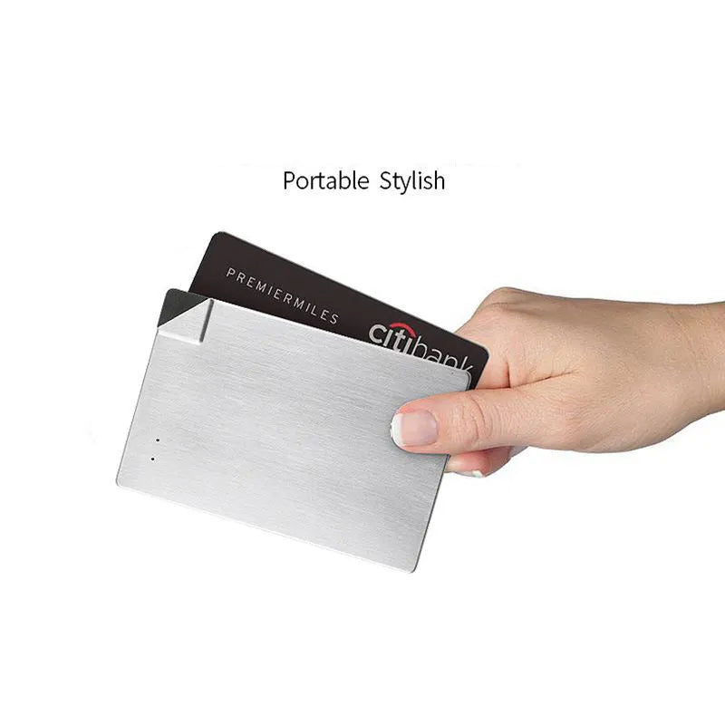 Silver graphene power bank showing slim 4mm profile with 4000mAh capacity for phone charging