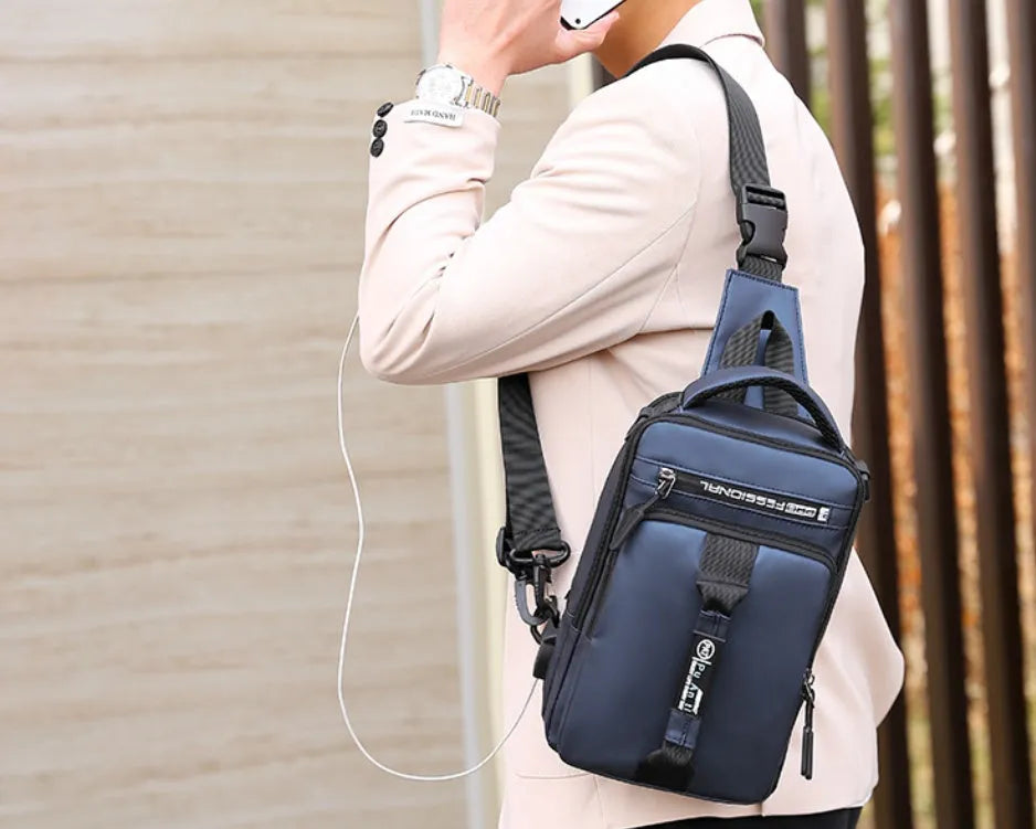Oxford cloth chest bag in khaki with zip opening, internal zipper pocket, soft handle, and square vertical section shape