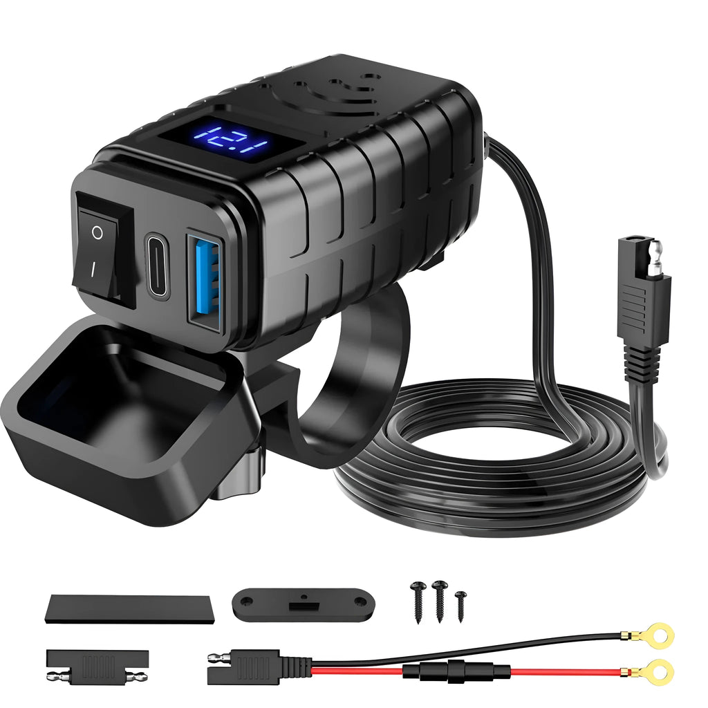 Motorcycle phone charger with waterproof digital display, blue screen, and 150cm cable.