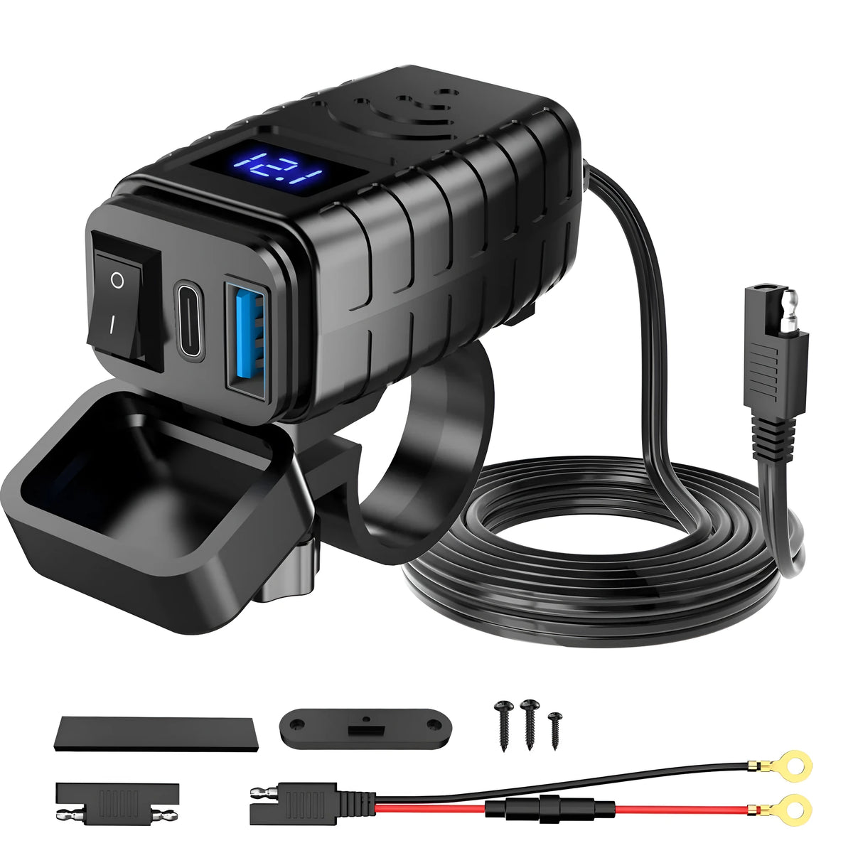 Motorcycle phone charger with waterproof digital display, blue screen, and 150cm cable.