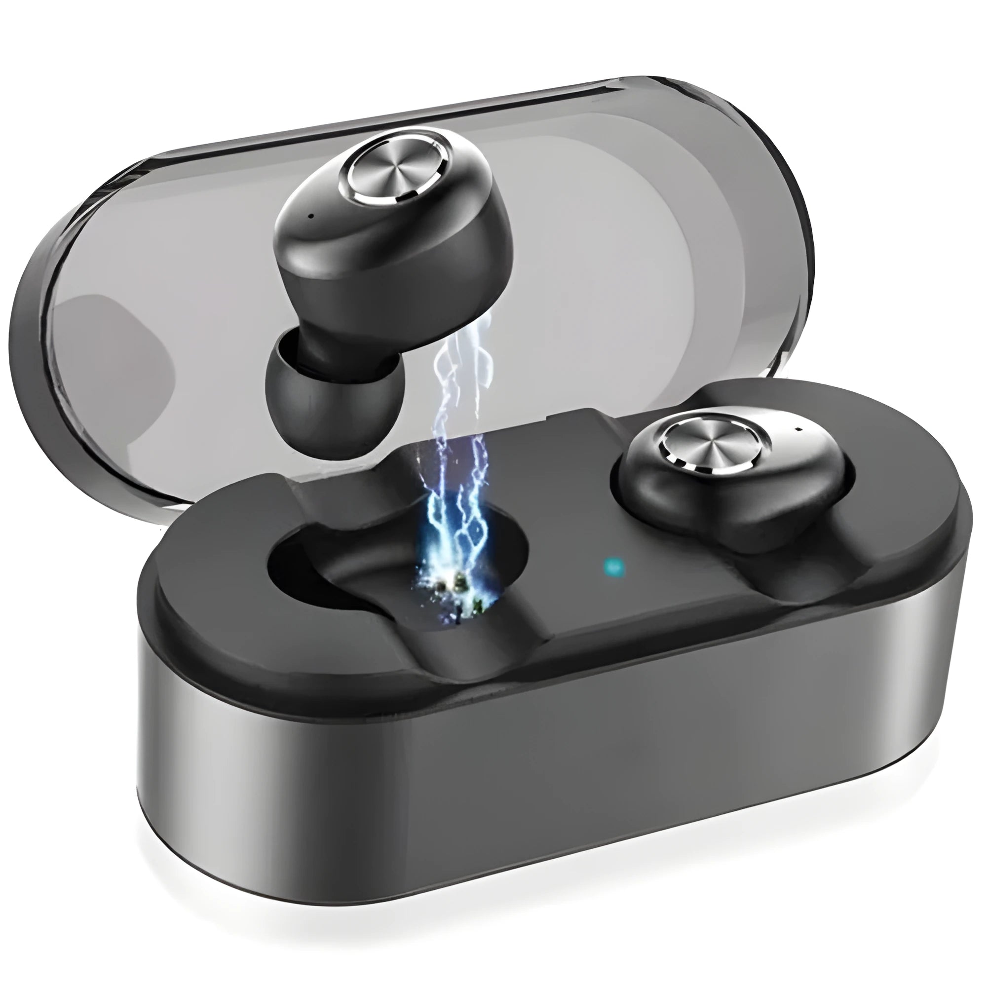 Black over-ear wireless Bluetooth headset with adjustable headband and microphone.
