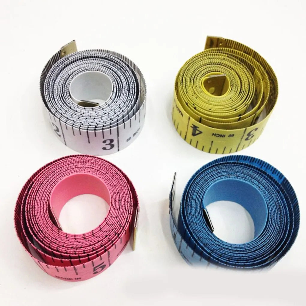 Flexible fibreglass sewing ruler, 150 cm / 60 inches, centimetres and inches, metal tips, multicolour, 4 pack