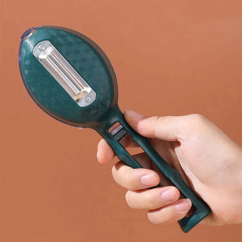 Yellow peeling knife with attached plastic storage lid for fruit and potato peelings