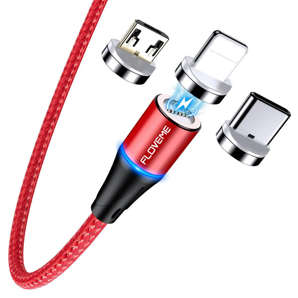 3A fast charge magnetic data cable with side light, showing Type-C connector and 3-in-1 heads for Apple and Android devices