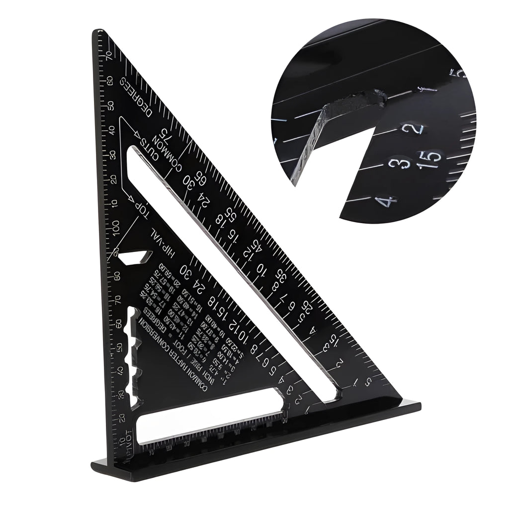 Black aluminium triangle ruler square showing 90 and 45 degree angles with metric and imperial scale markings.