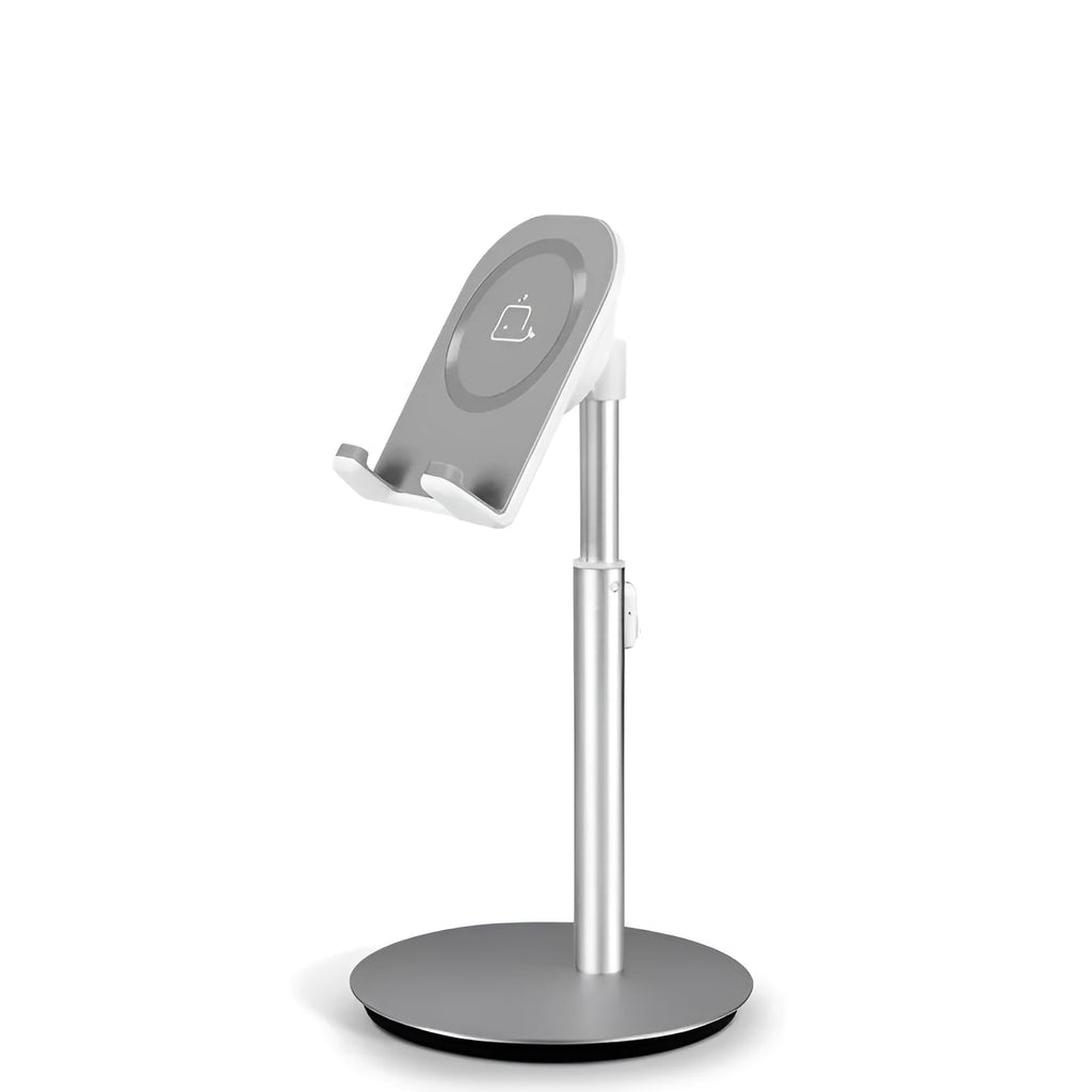Silver S1 model metal desktop holder with a mobile phone and tablet showing universal 3-11 inch fit.