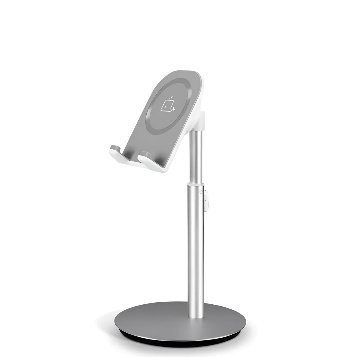 Silver S1 model metal desktop holder with a mobile phone and tablet showing universal 3-11 inch fit.