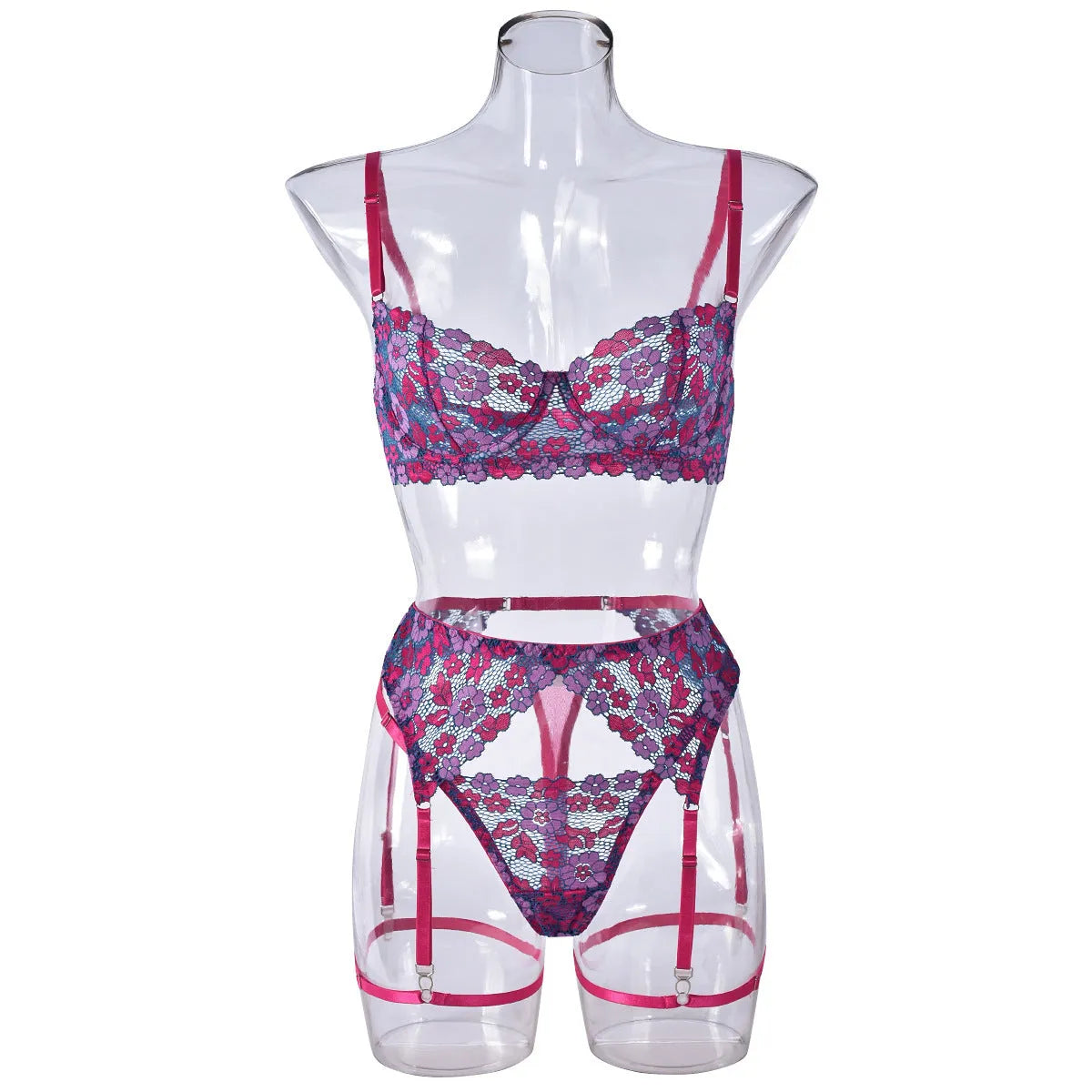 Rose red women's embroidered bikini set on a white background