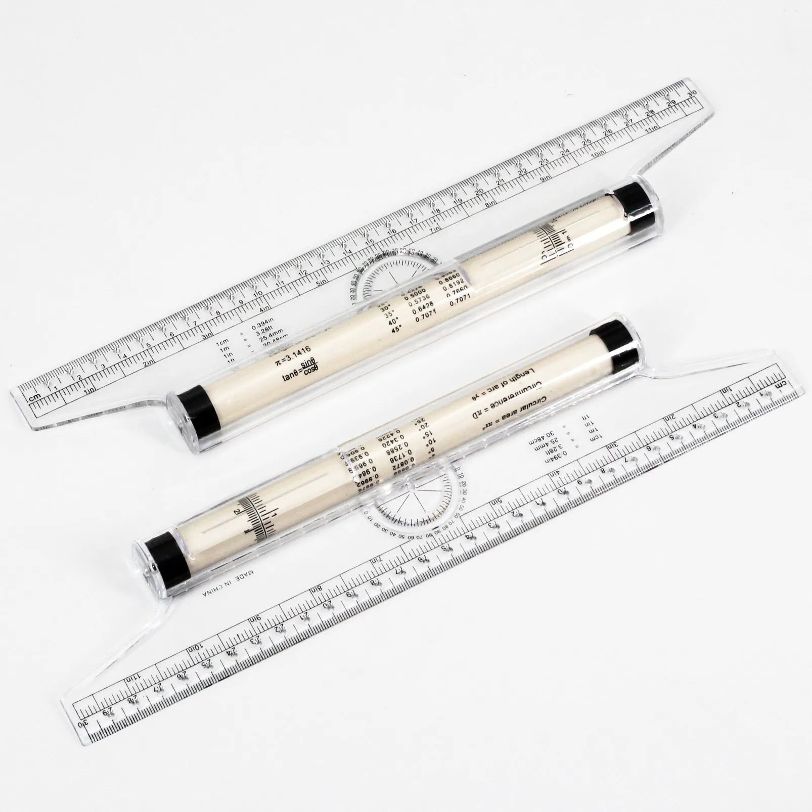 30 cm long plastic multifunctional rolling ruler for technical drafting on a drafting table.