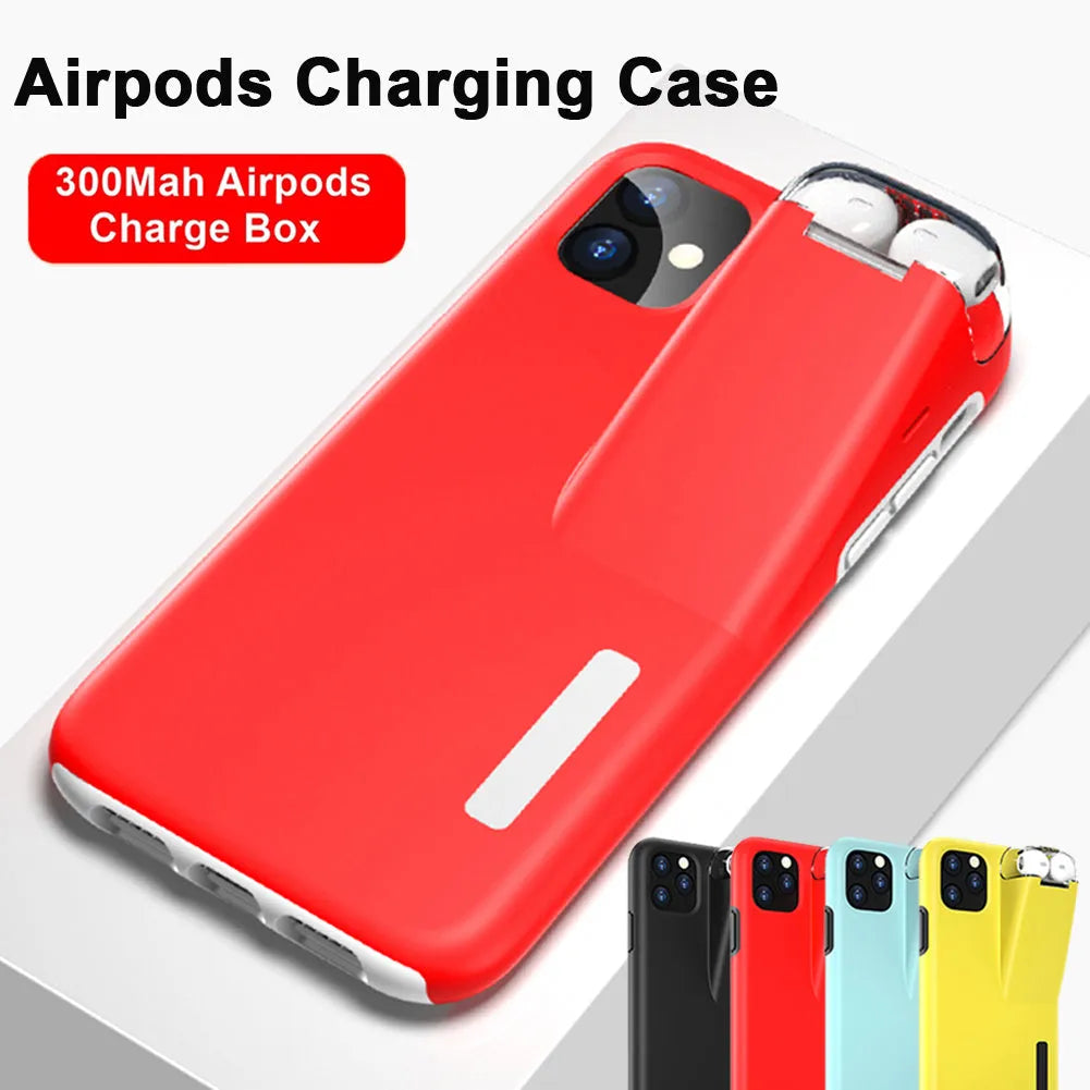 Black phone case with a slot on the back holding a white AirPods charging case