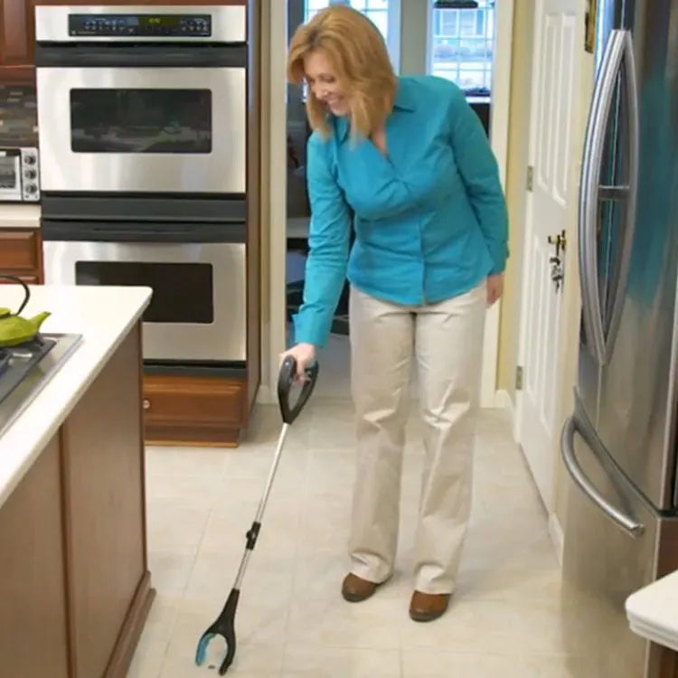 Blue foldable pickup tool with TPR grip and aluminium frame, shown extended to 83.5cm.