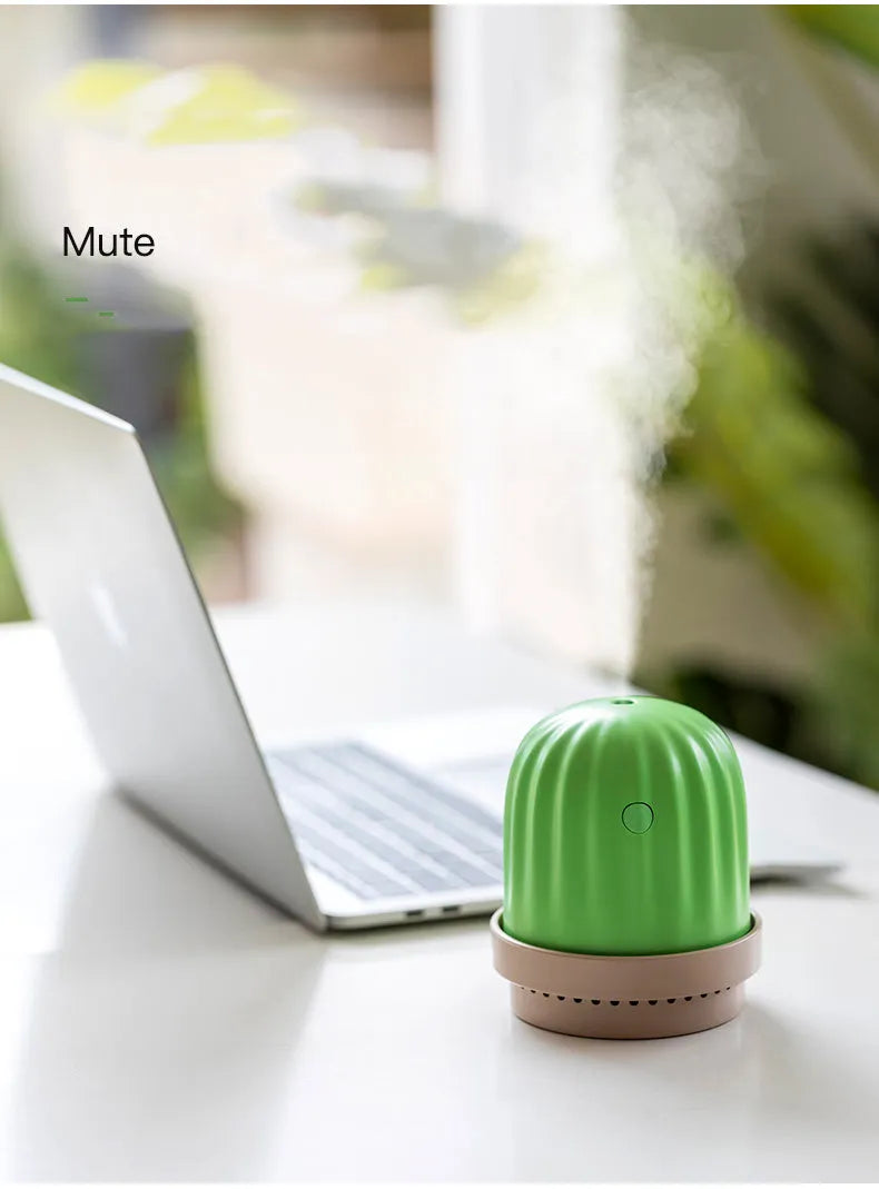 Cactus humidifier night light in green, pink, or white, 260ml tank, USB or rechargeable, 98 x 98 x 112mm