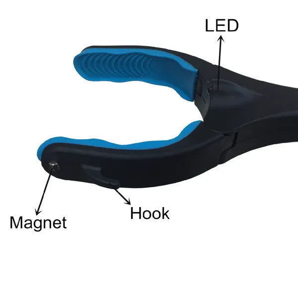 Blue foldable pickup tool with TPR grip and aluminium frame, shown extended to 83.5cm.