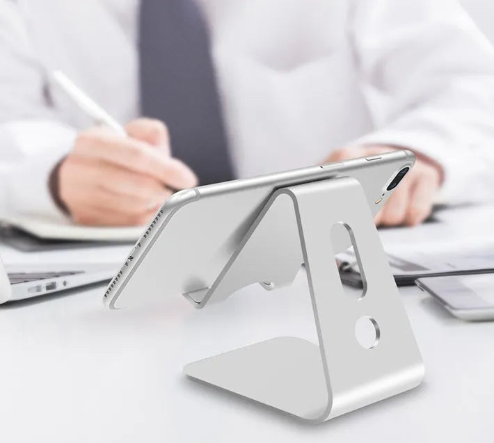 Aluminium alloy universal phone and tablet stand in black, red, rose gold, and silver colours
