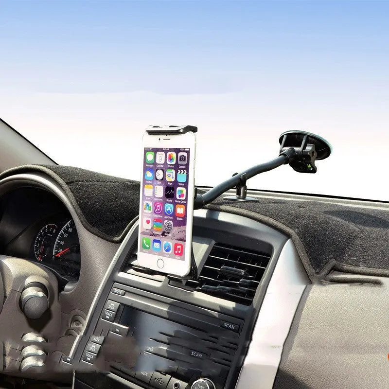 Black vehicle-mounted tablet holder with adjustable suction cup for 4-12 inch devices on car dashboard