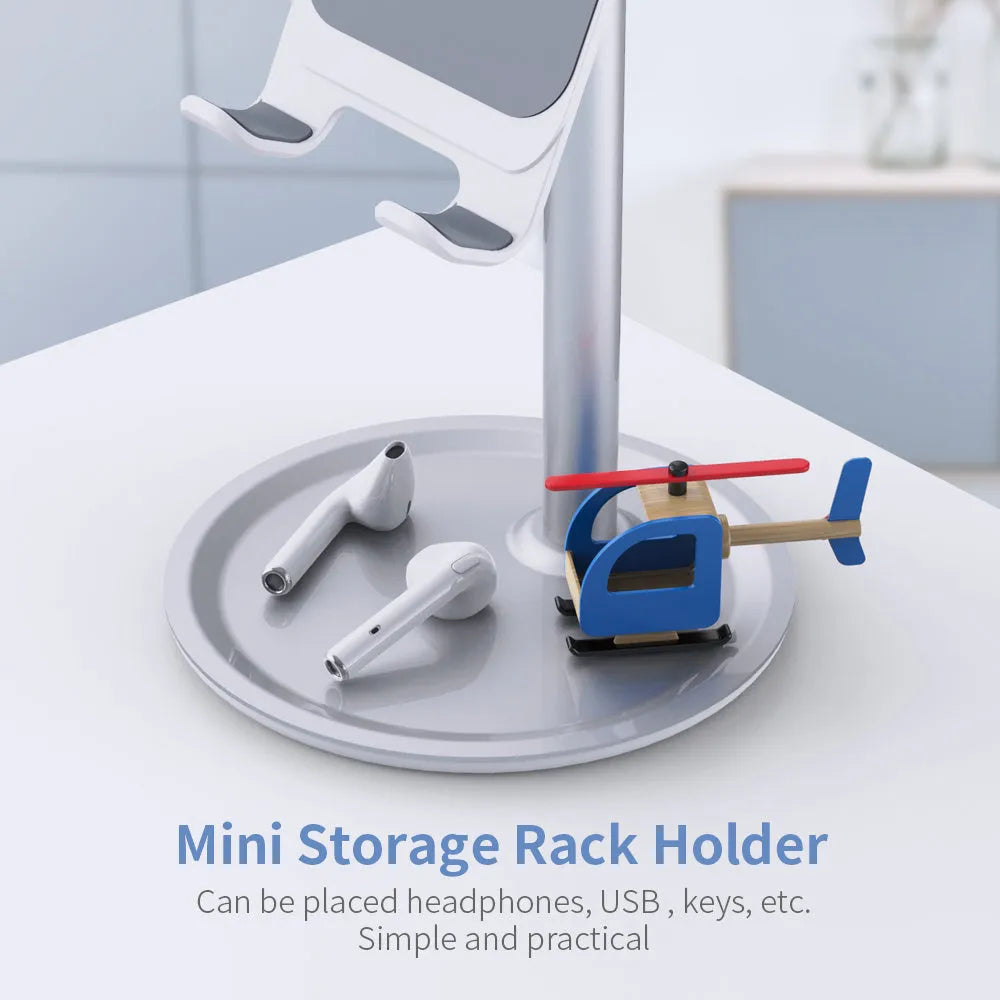 Aluminium alloy mobile phone and tablet desktop stand in black or white.